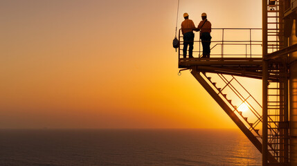 Sticker - Two workers on offshore oil platform at dusk, silhouetted against vibrant sunset over ocean, create serene yet industrious atmosphere