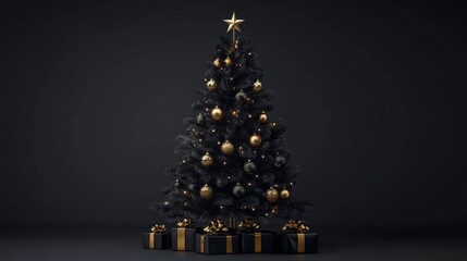 Poster - A black and gold Christmas tree with gold ornaments and a gold star on top