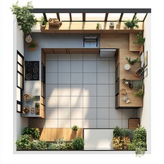 Poster - Detailed 3D top view of Ushaped kitchen with an island open shelving and a large fridge clear floor plan shown on a plain white background showcasing efficient space use