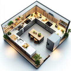 Fototapete - Detailed 3D top view of Ushaped kitchen with an island open shelving and a large fridge clear floor plan shown on a plain white background showcasing efficient space use