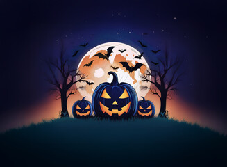 Three jack-o'-lanterns with glowing eyes sit in front of a full moon and two bare trees.