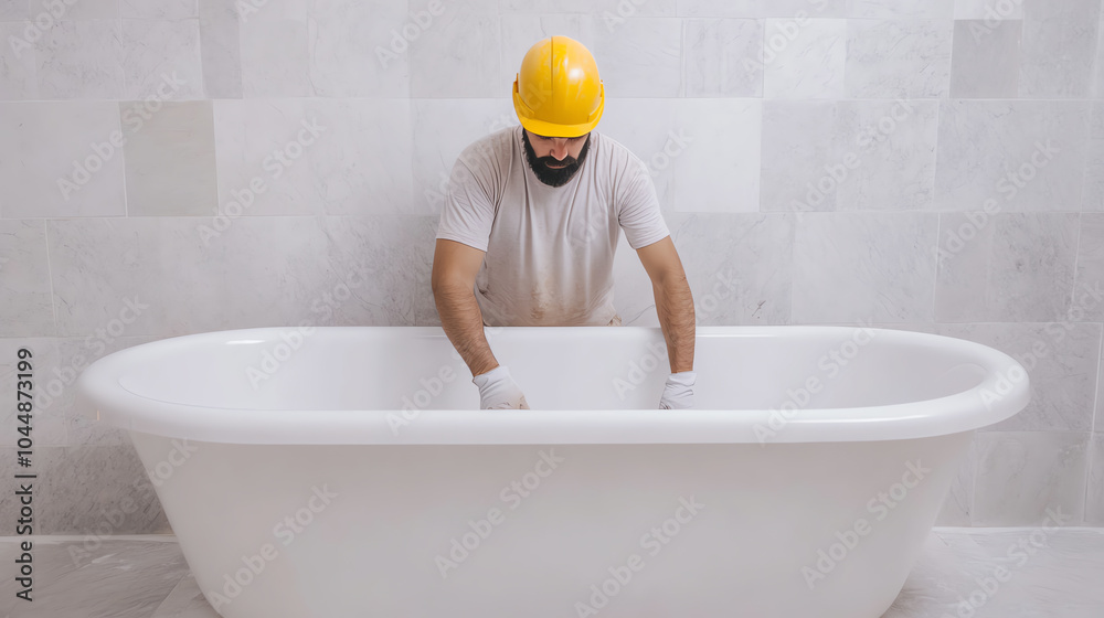 A worker installs a modern bathtub in a renovated bathroom, wearing a ...