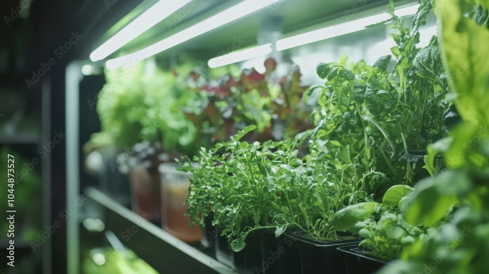 Fresh herbs and leafy greens thriving under LED lights in an indoor ...