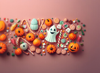 Poster - A variety of Halloween candy and decorations arranged in a festive display against a pink background.