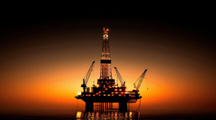 Poster - Oil platform at dusk with industrial lights illuminating silhouette against vibrant sunset. scene captures essence of energy production and maritime industry