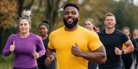 Group fitness enthusiasts running in park outdoors exercise