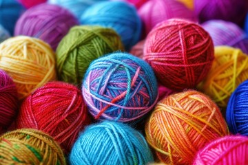 Vibrant wool yarn balls are waiting to be used for knitting and crocheting