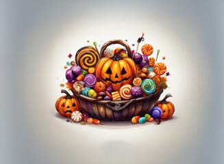 Poster - A  basket overflowing with colorful candy, a large jack-o-lantern sits atop the pile,  two smaller jack-o-lanterns are spilling out.