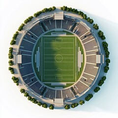 Poster - Detailed 3D top view render of openair sports arena with a wide field and surrounding seating sections cleanly illustrated on a plain white background