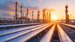 © AlexPhototest - Pipelines and petrochemical structures stretch across landscape under vibrant sunset, showcasing industrial progress and energy production in desert environment
