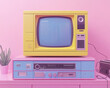 © Dadee - Retro television with video player, colorful decor, and pastel background, evoking nostalgia and vintage vibes in modern design.