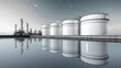 © AlexPhototest - Large petrochemical storage tanks and refineries are reflected in calm water, showcasing modern industrial landscape. scene conveys sense of tranquility amidst industrial activity