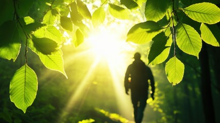 A lone hiker traverses a winding trail through a sun dappled forest, sunlight filtering through the leaves.