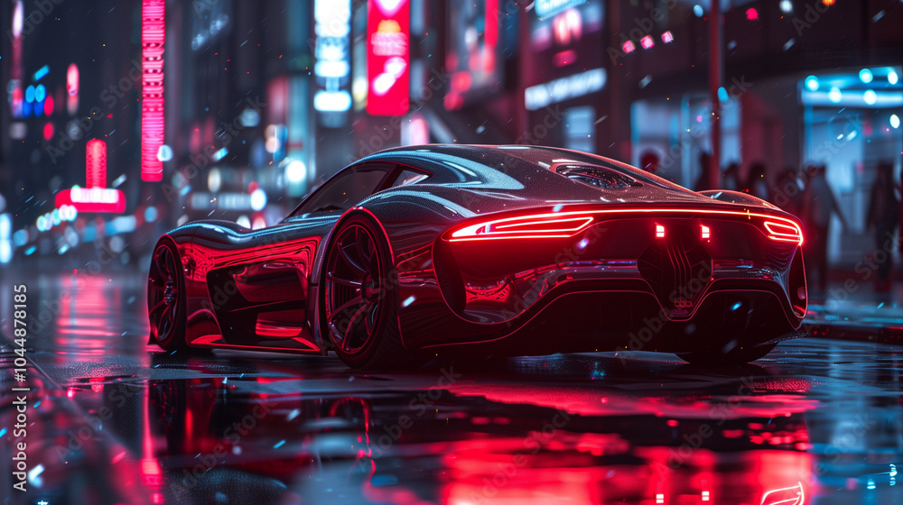 Futuristic sports car with neon lights on a rainy night in a city ...