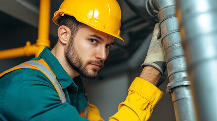 Portrait of a focused male worker in a yellow hard hat and gloves, engaged in maintenance work on industrial piping, against a neutral background.