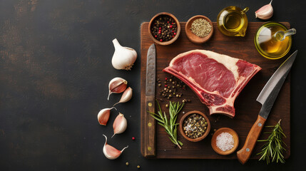 Fresh T bone steak with garlic cloves, herbs, and spices on wooden cutting board, ready for cooking. rich colors and textures create inviting atmosphere for delicious meal