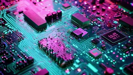 Poster - Close-up view of a colorful circuit board with glowing components and intricate designs during nighttime