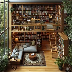Poster - Home library custom builtin shelves a sliding ladder and a cozy reading alcove top view 3D render with a detailed floor plan isolated on bright white background