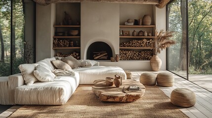 Poster - lightfilled living room scandinavian furniture featuring a modern white sofa rustic shelving units f