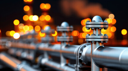 Sticker - image showcases close up view of metallic pipes with glowing lights from petrochemical refinery in background, creating vibrant industrial atmosphere