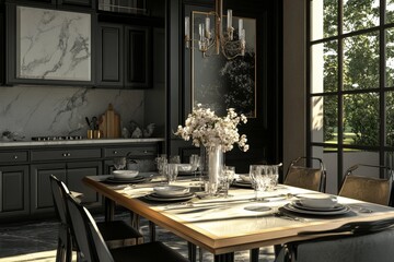 Wall Mural - Interior Design: Modern Dining Areas with Gray Furniture and Black Steel Accents