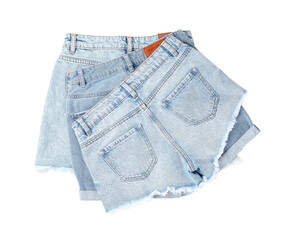 Sticker - Stylish light blue denim shorts isolated on white, top view