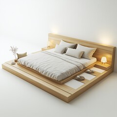 Poster - Minimalist bedroom floor plan 3D view featuring a lowprofile platform bed and clean simple furniture arrangement depicted on an isolated white background focusing on the elegant design