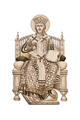 Wall Mural - Vintage religious illustration of the Jesus Christ the greatest Bishop sitting on the throne in Byzantine style isolated