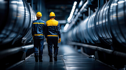 Poster - Workers in safety helmets walking through industrial pipeline facility, showcasing teamwork and safety in modern environment