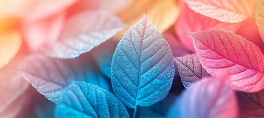 Wall Mural - Close-Up of Vivid Colorful Leaves with Tiny Dewdrops, Abstract Nature Background of Vibrant Foliage