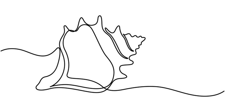 Beach Seashell Continuous Line Editable Icon, Hand Drawn Seashell Design, Vector drawing of marine life, Line Art Conch Shell On A Transparent Background, Engraving Style Marine and Nautical Element