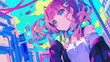 © wowowo - Anime, illustration, art, girl, cute, colorful, pink hair, traditional Japanese style, demon, Japanese anime style.