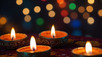 Traditional Diwali candles burning in round decorative holders, spreading light and warmth