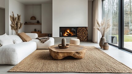 Poster - Modern home interior a Scandinavian design featuring a contemporary white sofa wooden coffee table fireplace with stacked firewood organic vases and a soft brown rug on the floor