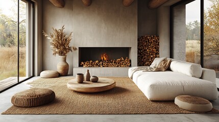 Poster - Modern home interior a Scandinavian design featuring a contemporary white sofa wooden coffee table fireplace with stacked firewood organic vases and a soft brown rug on the floor
