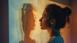 © Vii - A woman stands in front of a projection displaying her own face, raising questions about identity and perception