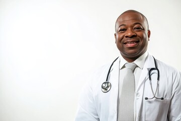 An African-American male doctor in a white lab coat smiles on a white isolated background, looks at the camera, a place to copy, a place to text, health