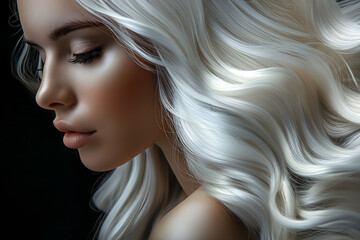 Close-up portrait of a woman with flowing platinum blonde hair, ideal for advertising luxury hair care products, beauty campaigns, fashion editorials, or marketing for high-end salon services