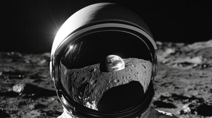 An helmet placed on a lunar surface, reflecting Earth in the visor