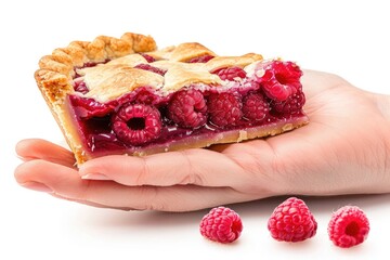 Sticker - A person holds a slice of raspberry pie, perfect for food photography or recipe illustrations