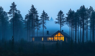 Aufkleber - A cozy cabin with warm lights glows through the fog in a dark, mysterious forest at twilight.