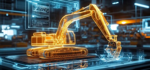 Poster - A digital rendering of a construction excavator in a futuristic setting.