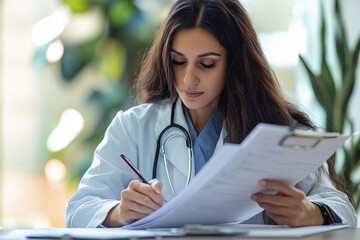 female doctor examining medical records in a clinic