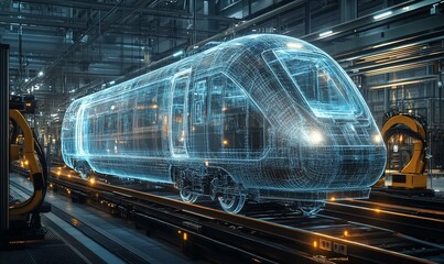 Poster - A digital wireframe of a high-speed train being assembled in a factory with robotic arms in the background.