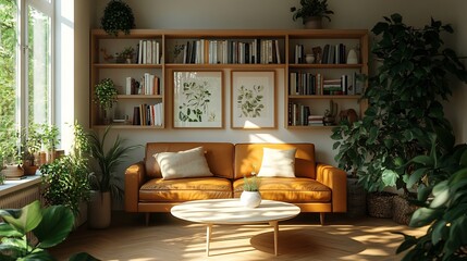 Poster - Nordicinspired living room a white wood table brown leather couch light wooden flooring contemporary shelving with books and organic vases and a large window with sunlight