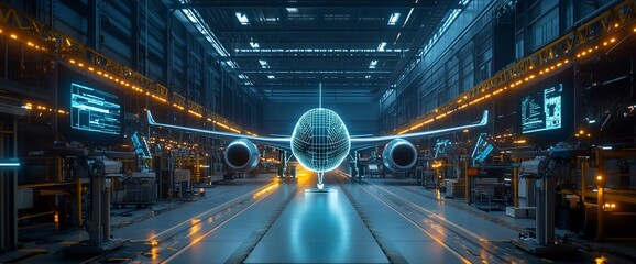 Fototapete - A futuristic airplane in a factory hangar with blue lights reflecting on the floor.