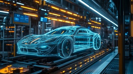 Poster - A futuristic car being assembled in a factory with a blue digital wireframe model on a conveyor belt.