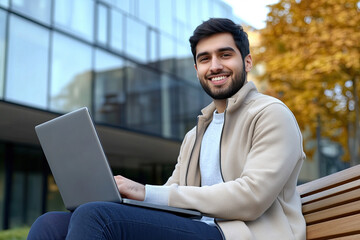 Young man smiling while using laptop outdoors in modern office environment demonstrating work flexibility and remote productivity. Business attire suggests professionalism and confidence