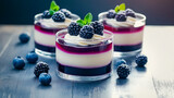 Elegant layered jelly dessert with blackberries and cream, topped with fresh mint, sweet treat served in a glass. Gourmet trendy dessert
