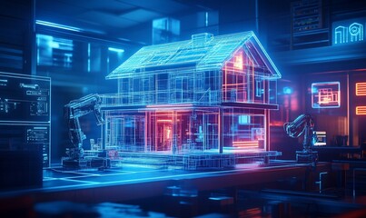 Fototapete - A futuristic digital representation of a house in the middle of a technology-infused workspace, with blue and red lighting.